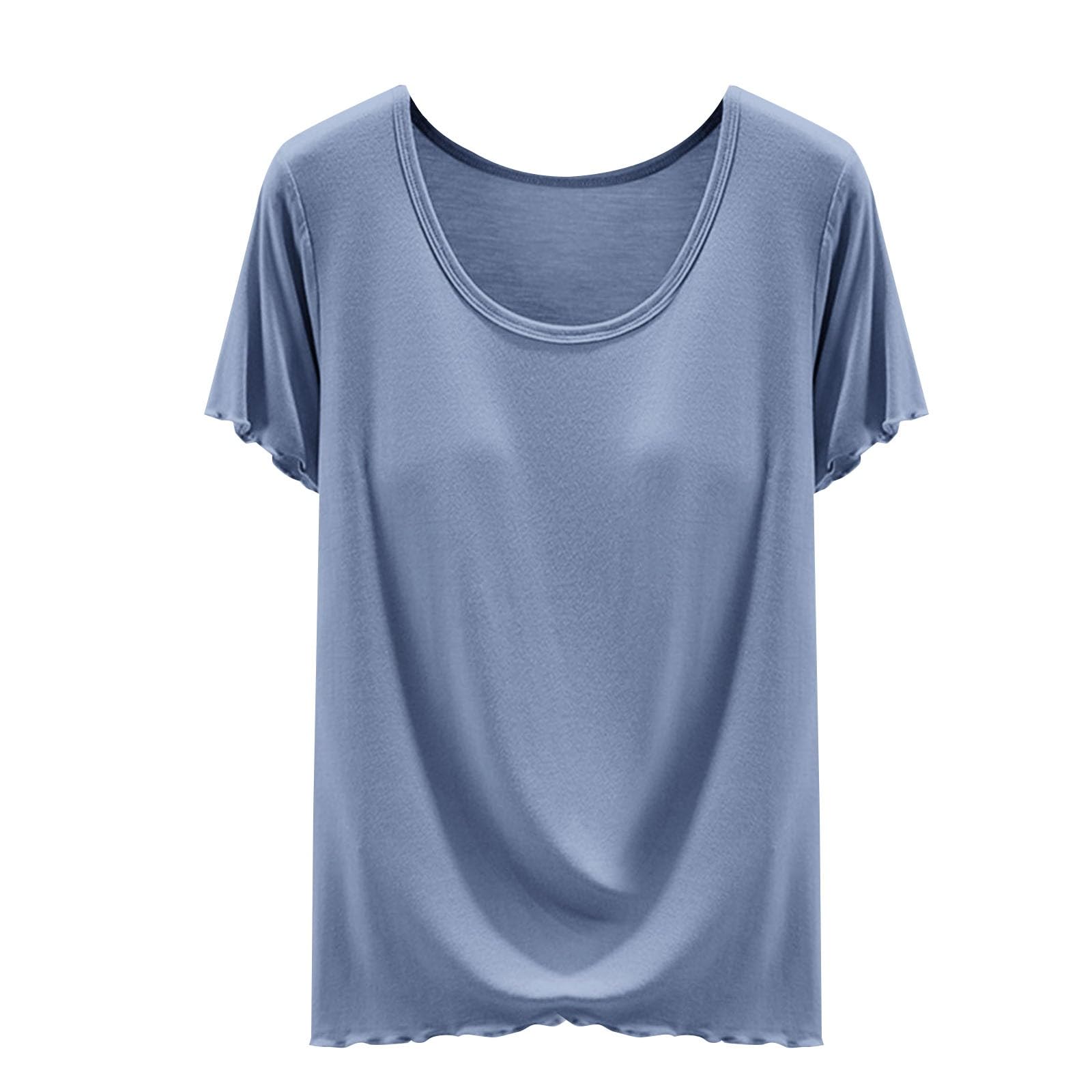 Women Tops with Built in Bra Modal Shirts Summer Short Sleeve Crewneck Shirt Shelf Bra Layering Tee Yoga Clothes 2026(Blue, XXL)