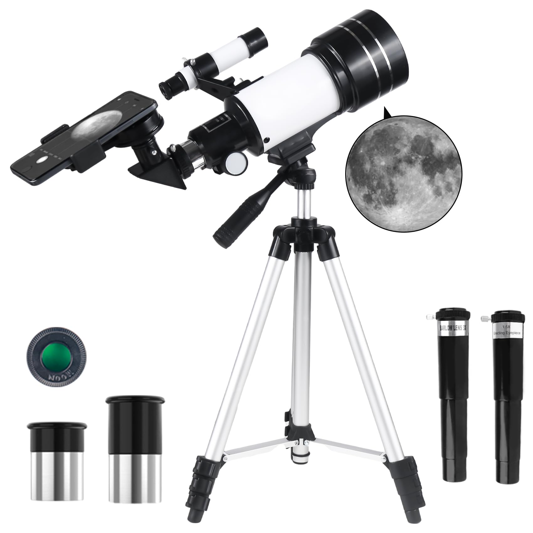 Télescope pour Enfants et Adultes, 70MM Ouverture Télescope Réfracteur de 300MM avec Trépied, Viseur 5 x 24, Adaptateur Télescopes et 2 Oculaires pour Adultes Débutants en Astronomie (Blanc)