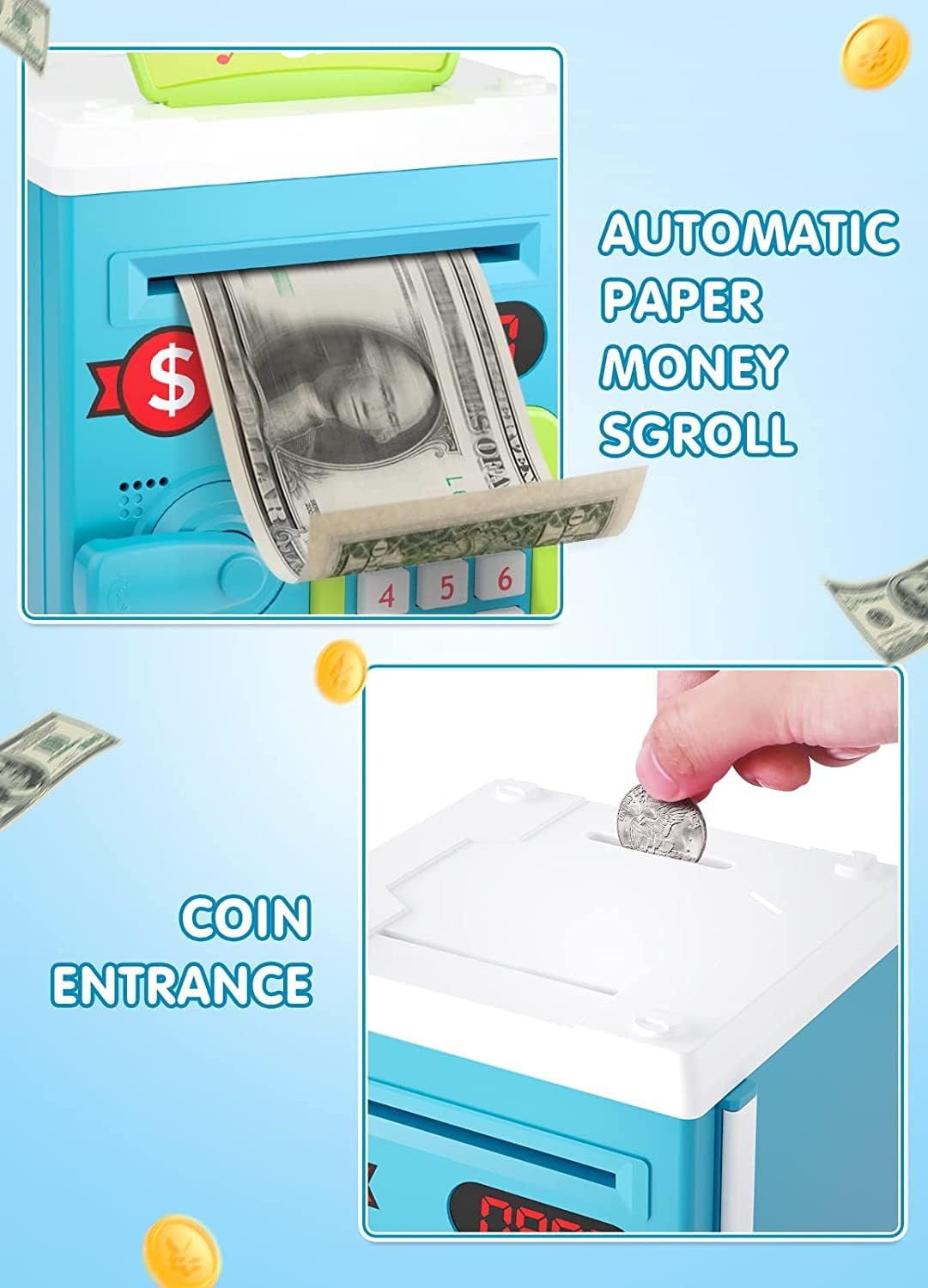 Kidoyz Electronic Money Safe Piggy Bank, Password Protected with Touch Sensor, ATM Toy with Lights and Sound, Blue and White - Color As Per Stock 2