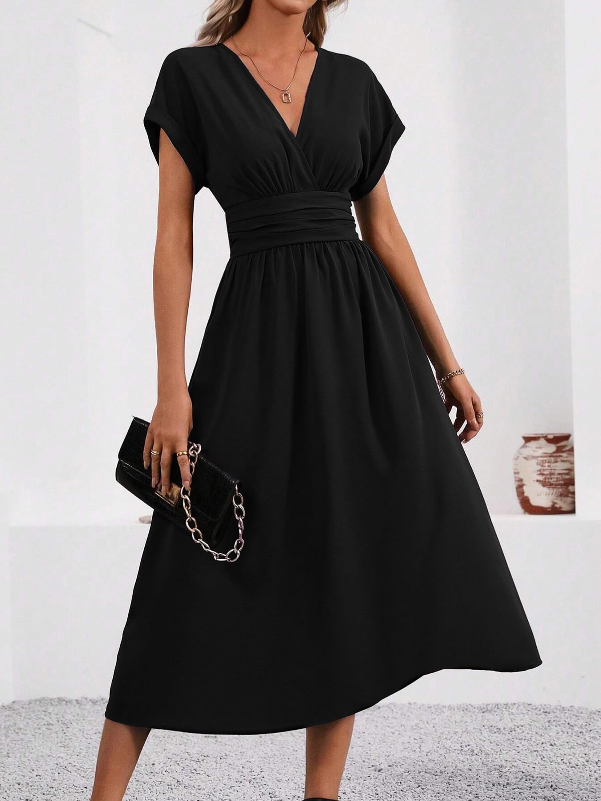 LIAMERHE Robe Hiver/Été Femme Élégante Col en V Manches Longues/Courtes Robes Casual Solide Taille Haute Ligne A Robe Longue Robe de Mariage Décontractée