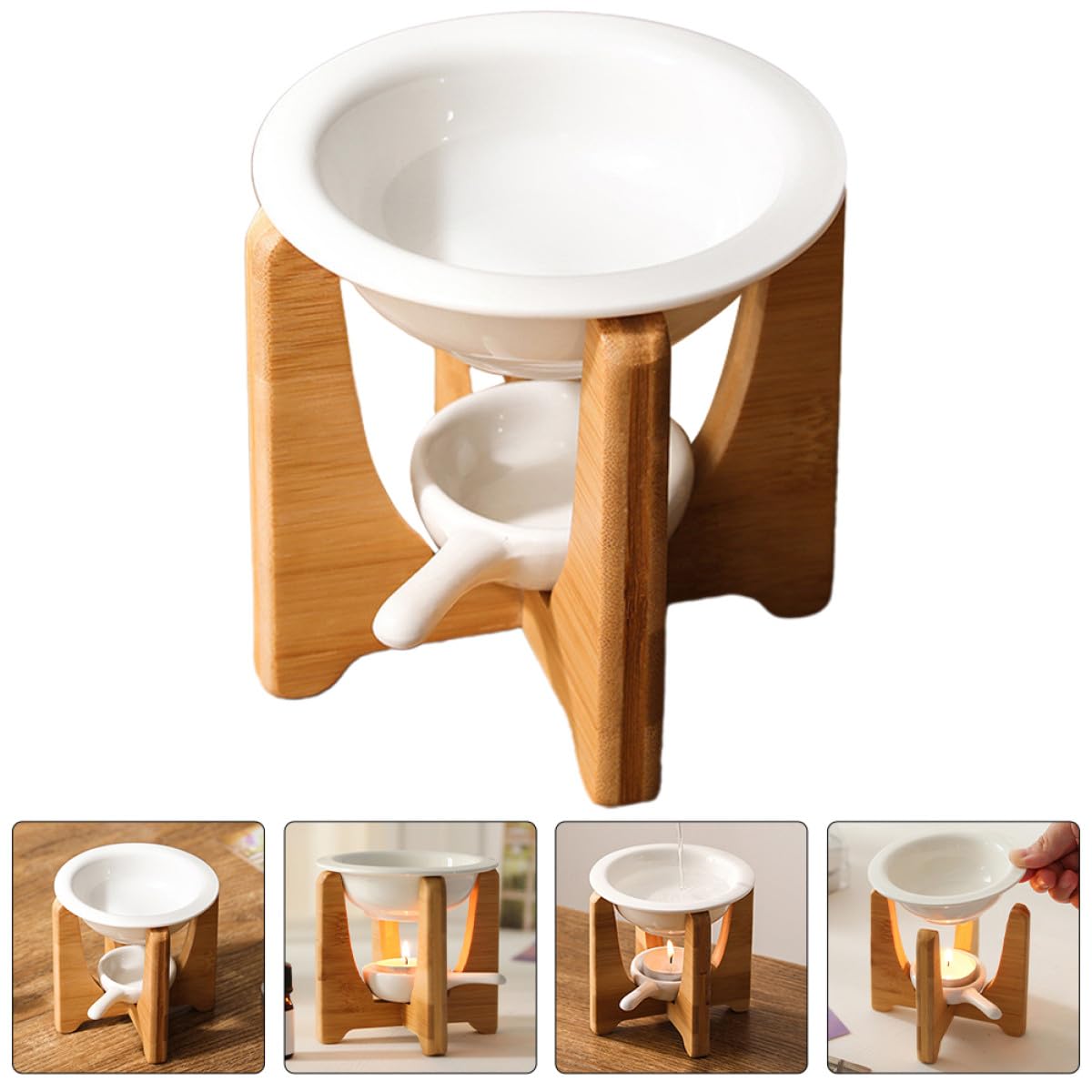 TOYANDONA Quemador de Aceites Esenciales Soporte de Bambú de Cerámica Fácil de Usar y Resistente Adecuado para Aromaterapia en Hotel o Dormitorio