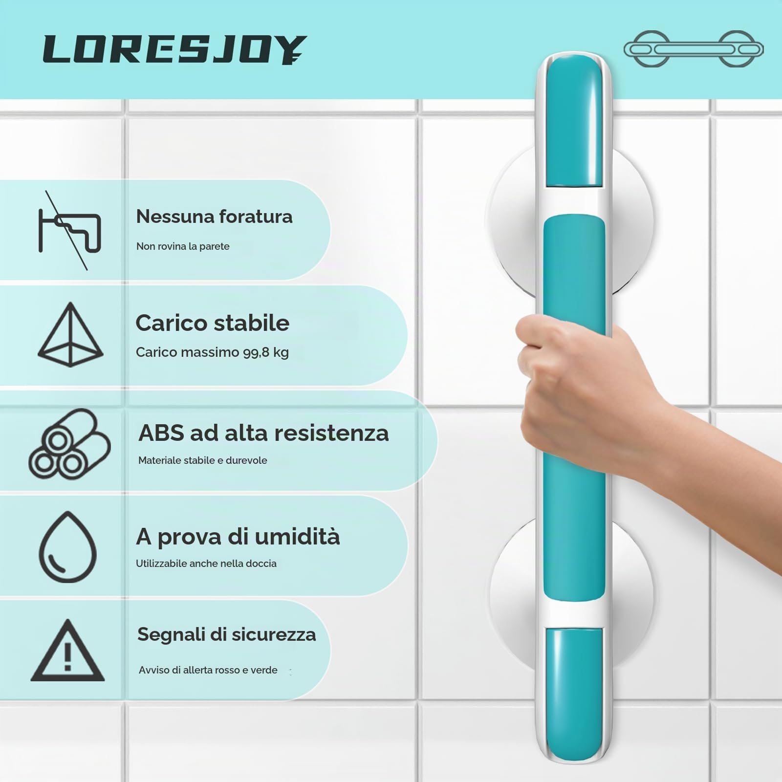 Maniglia Doccia per Anziani con Ventosa, Blu | Max 110 kg, Per Disabili, Senza Foratura, Handy Grasp Pro
