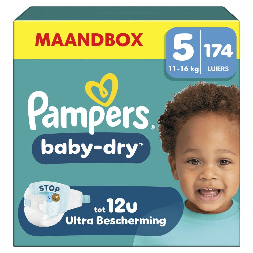 Pampers Nappies Size 5 (11-16 kg) Baby-Dry, Junior, Monthly Box, Up to 12 Hours All-Round Leak Protection, (Pack of 174)