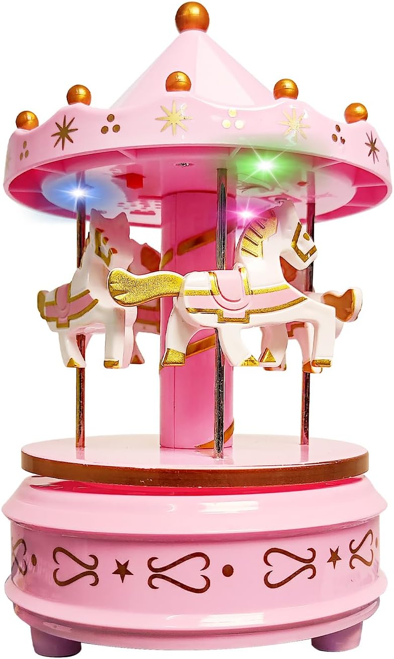 WEofferwhatYOUwant Carousel Music Box – Pink Horse Merry-Go-Round, Für Elise | LED Lights | Cake Topper & Room Decor | Twist-to-Play Music | No Batteries | Gift for Girls, Baby Showers, Keepsake Toy