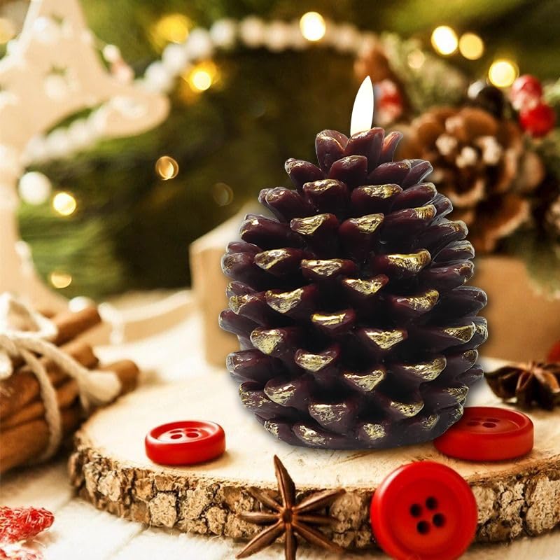 Image of LED Pine Cone Candles, Battery Operated Flameless Candles with Timer Unscented Wax Pinecone Candles Brown 2 Pack for Christmas Home Party Decoration(D3.9 x H5.9 Inch)