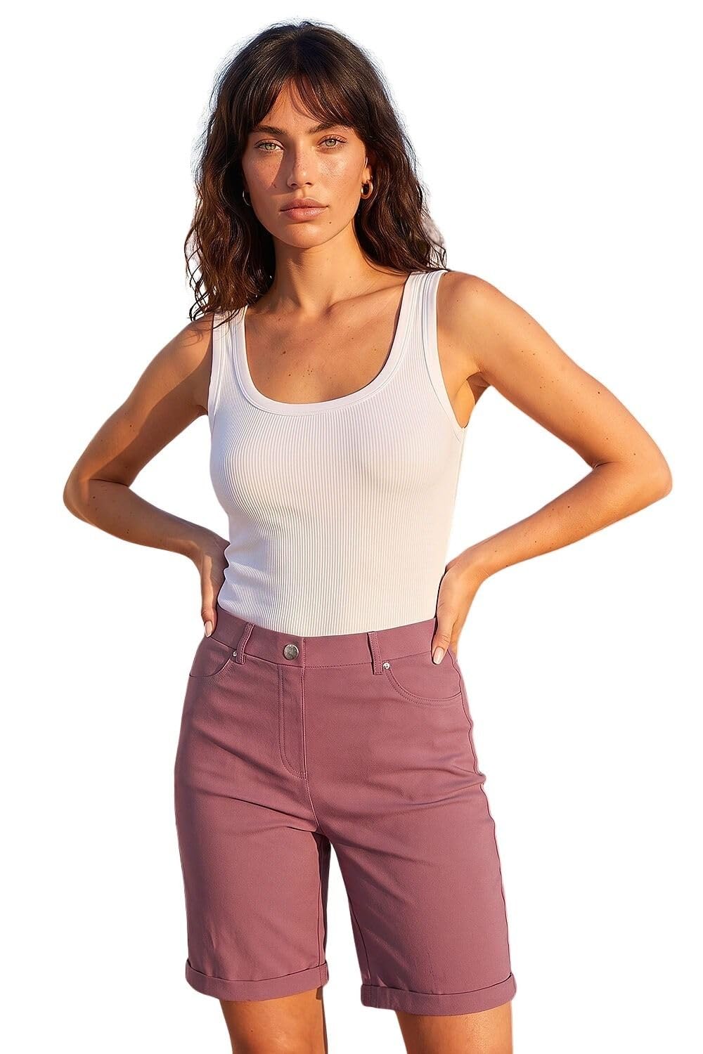 Roman Women's Beige Elastic Waist Turn Up Stretch Shorts In | Size: 18