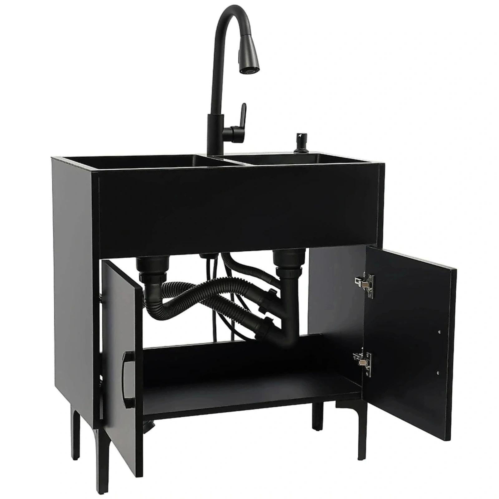 Freistehende Edelstahl KüChenspüLe mit Unterschrank Ausziehbarem Wasserhahn Gewerbliche Doppelbecken SpüLenschrank für KüChe WäSche Badezimmer Komplettes Set(black,75x41x85cm)
