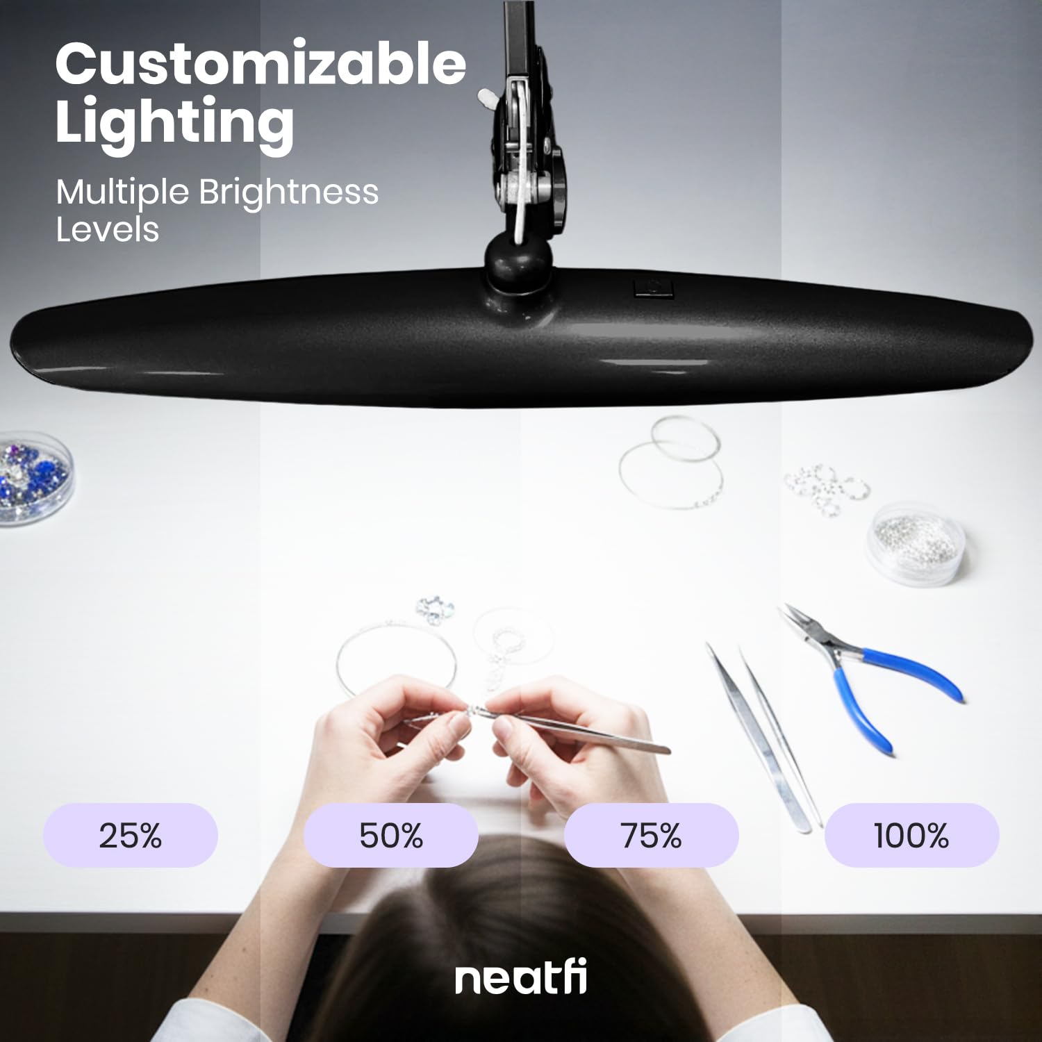 Neatfi XL 2,200 Lumens LED Task Lamp with Clamp, 20 Inches Wide Lamp, 4 Level Brightness, 5600K-6500K Color Temperature, 24W, Dimmable, Adjustable, Eye-Caring & 117 Pcs SMD LED (Black)