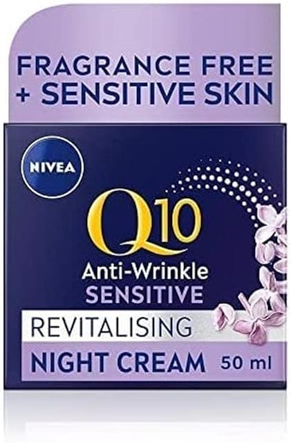 NIVEA Q10 Anti-Wrinkle Sensitive Revitalising Night Cream (50ml), Anti-Wrinkle Face Cream with Pure Skin Identical Q10 and Liquorice Extract, Sensitive Skin Face Cream