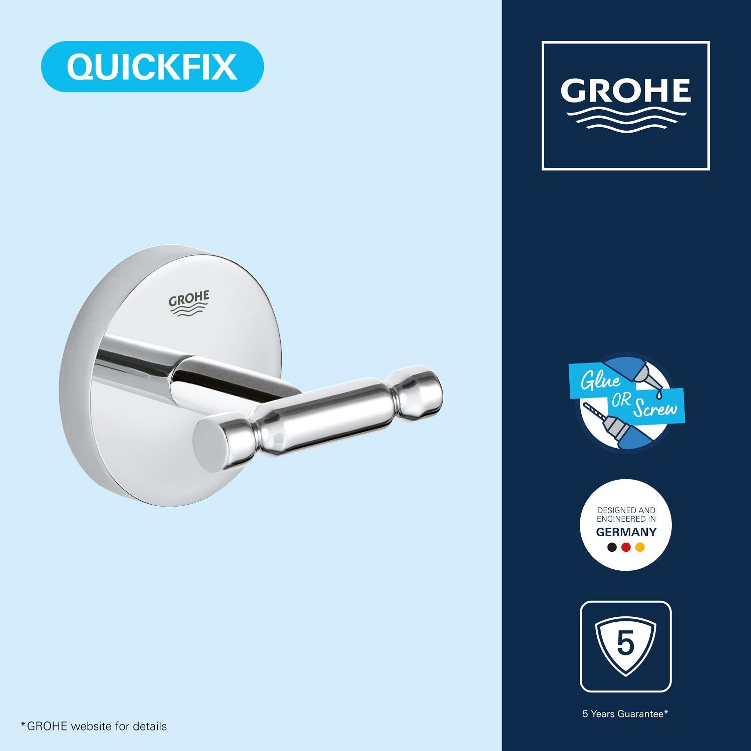 Grohe Start Cosmopolitan QuickFix - Colgador de baño individual, cromo, para pegar (pegamento QuickGlue A1) o atornillar, ref. 41168000
