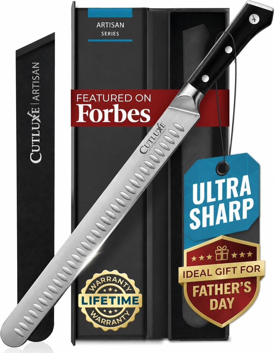 Cutluxe Brisket Knife – 12" Carving & Slicing Knife for Meat & BBQ – Razor Sharp German Steel, Sheath Included, Ergonomic Full Tang Handle Design, Fathers Day Gift For Dad – Artisan Series