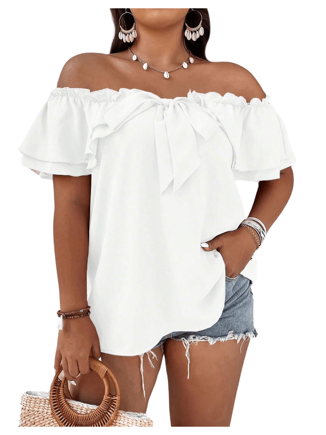 MakeMeChic Women's Plus Size Off Shoulder Top Tie Front Layered Ruffle Short Sleeve Blouse Top