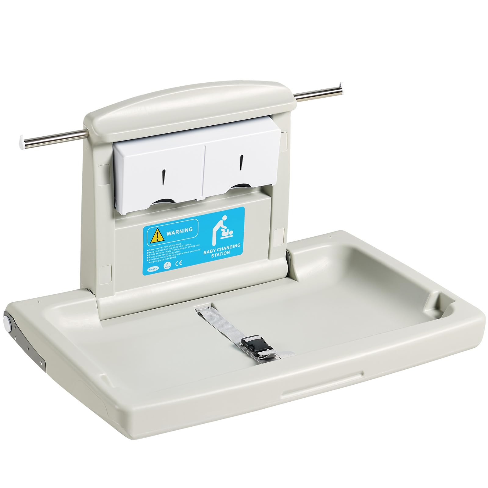 Happybuy Wall-Mounted Baby Changing Station, Horizontal Foldable with Straps & Rods, for Newborns