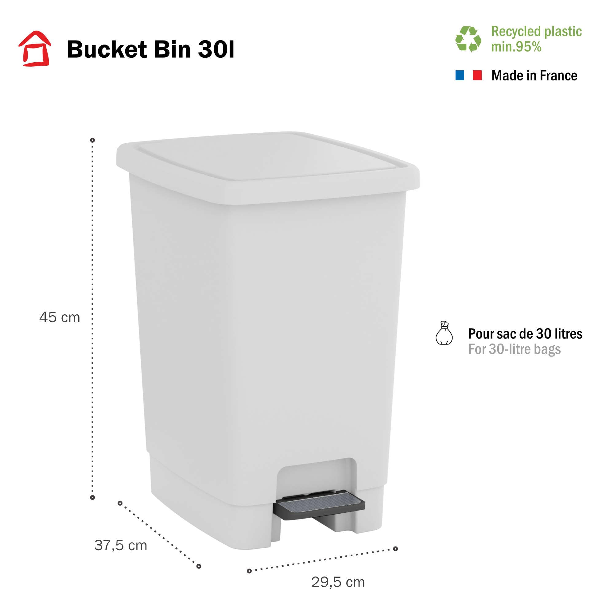 SUNDIS Bucket Bin kosz na pedały 30 l, wyjmowany, prostokątny, z tworzywa sztucznego pochodzącego z recyklingu, biały, do kuchni, biura, pralni, warsztatu, łazienki