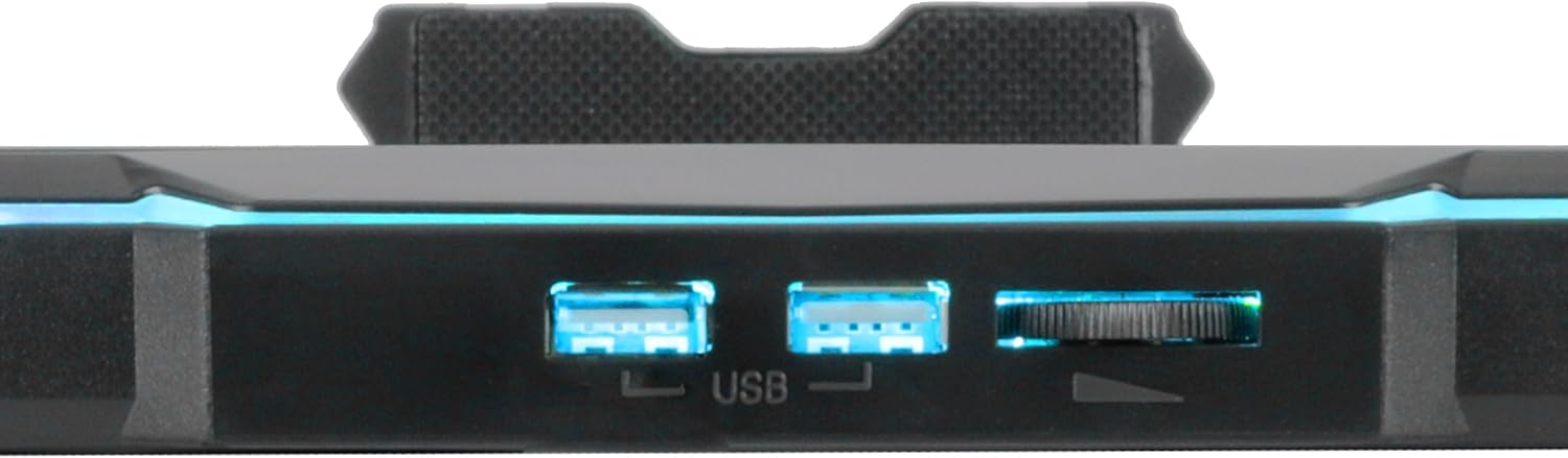 Close-up of the ENHANCE Infiltrate 3 Laptop Cooling Pad's dual USB ports and fan speed control dial.