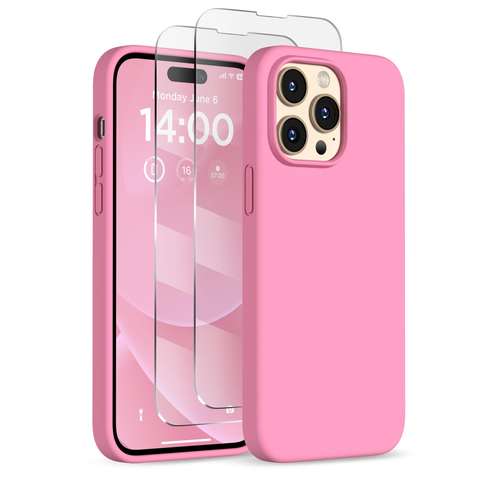 Designed for iPhone 14 Pro Case, Liquid Silicone Case [2X Screen Protectors], Shockproof Protective Slim Thin Phone Case with Anti-Scratch Soft Microfiber Lining, 6.1 inch, Tender Pink