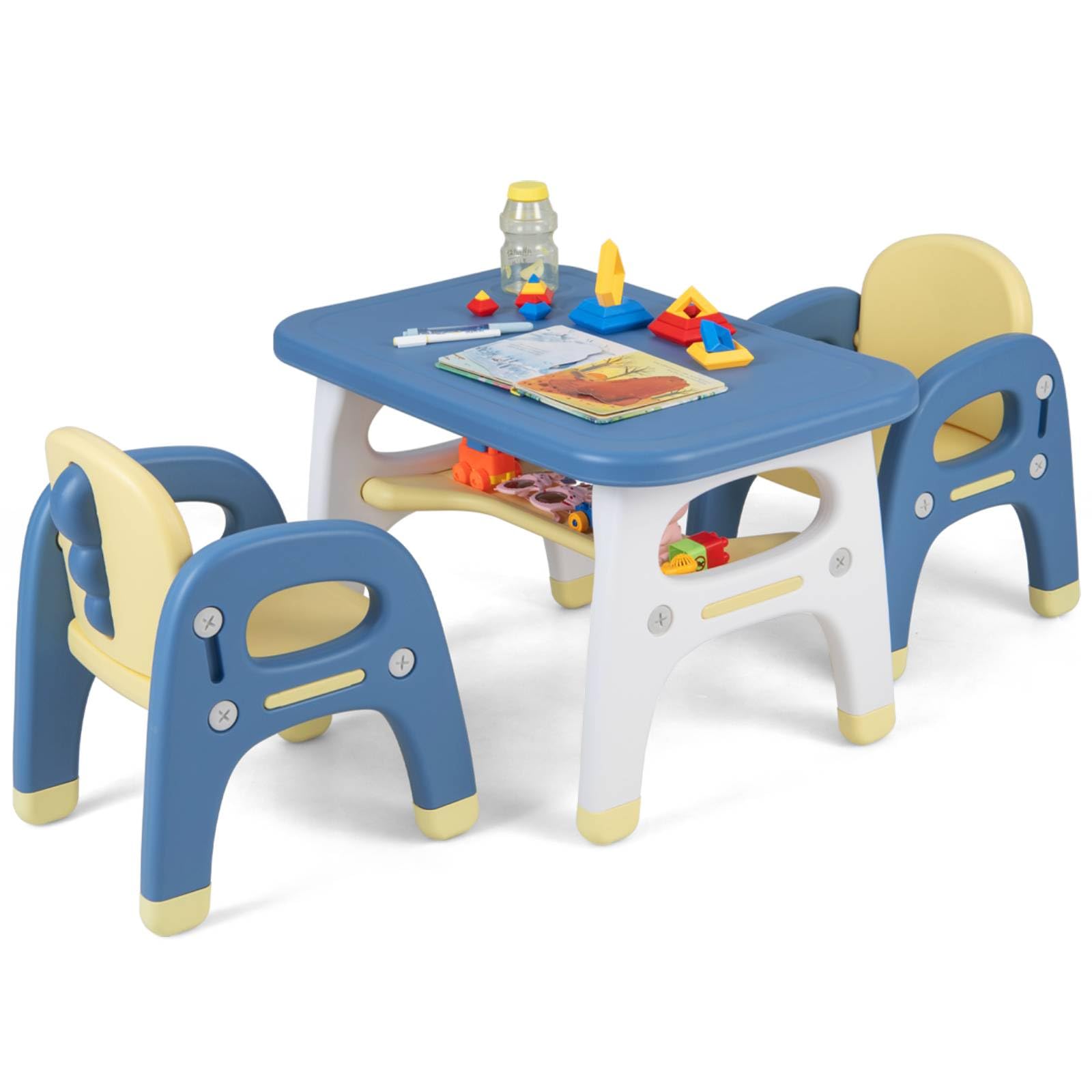 GYMAX Kids Table and Chair Set, Children Activity Desk with Building Blocks & Storage Rack, Dinosaur Toddler Furniture Set for Boys Girls