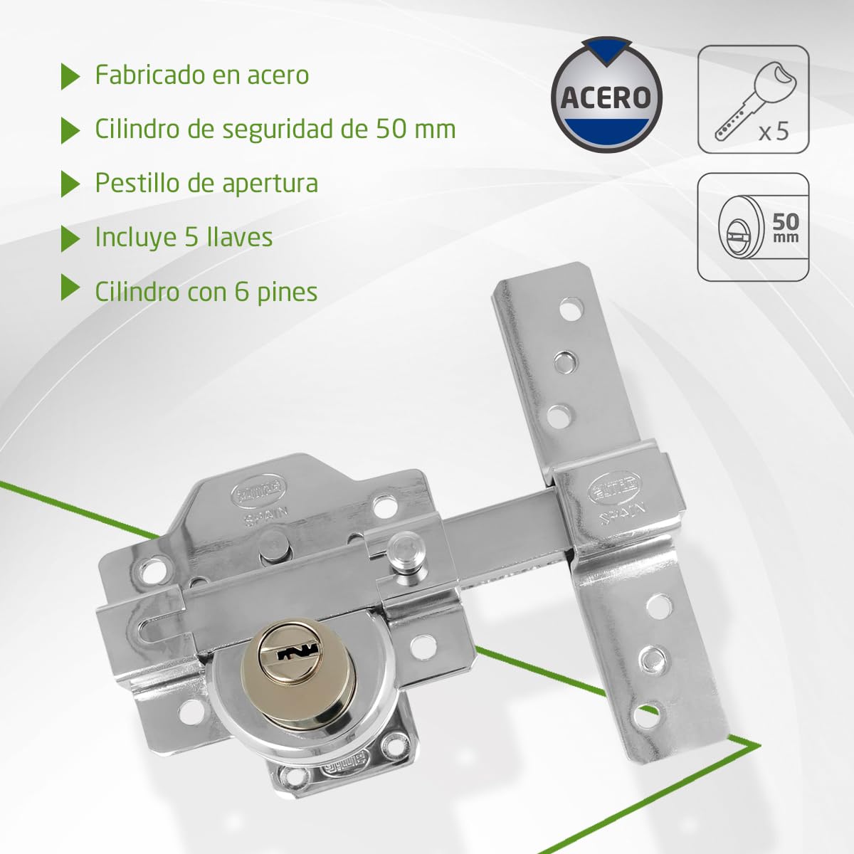 Amig - Cerradura de Sobreponer - 90 x 154 mm - Cromado brillo- Cilindro de seguridad de 50 mm y 6 pines - Pestillo de Apertura - Sistema Antibumping y Protección contra Ganzúas