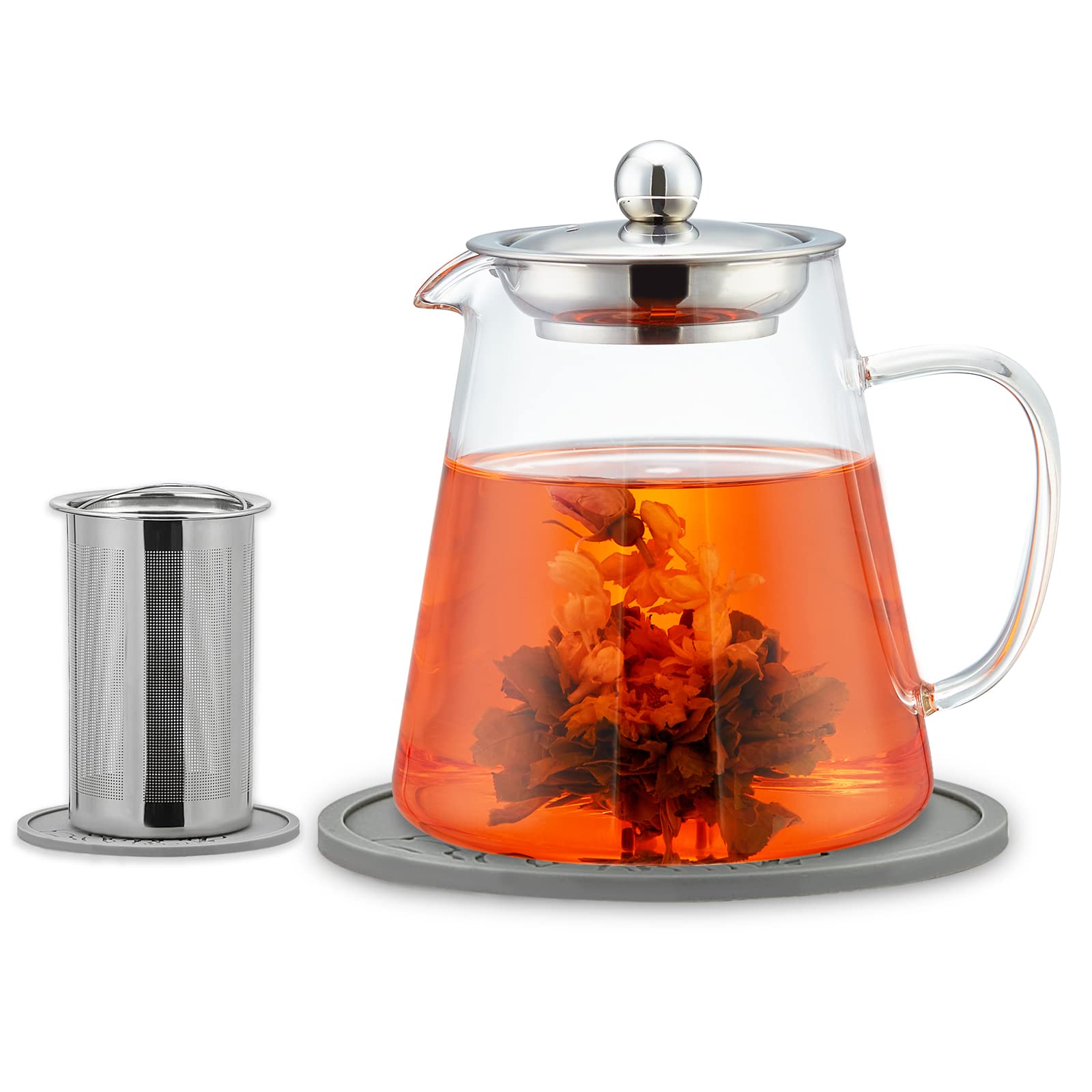 CHAISH 950ml/30oz Glass Teapot Kettle with Removable Stainless Steel Infuser & Matching Silicone Coasters, Stovetop & Microwave Safe Tea Pot for Loose Leaf Tea & Blooming Tea