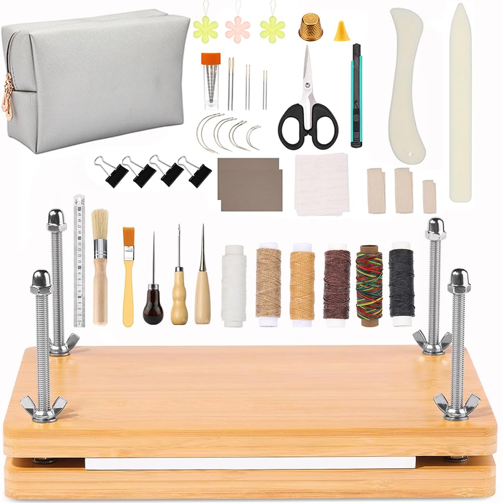 Buchbinder Set,Buchpresse aus Holz,handgefertigtes Buchbinder-Starterwerkzeug-Set, 35pcs 37.5*29cm tragbares,mit Holzbindepresse, Falzbein, Buchdeckel,Ahle,Buchbindeband,für DIY Buchbinder Handwerk