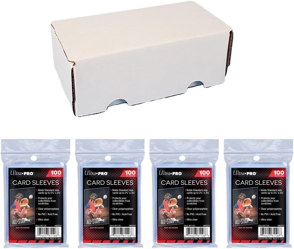 400 Count Cardboard Card Storage Box + 4 Packs of Ultra Pro Soft Sleeves (400 Sleeves) - Perfect for Baseball Cards, Football Cards, Basketball Cards, Collectible Gaming & TCG
