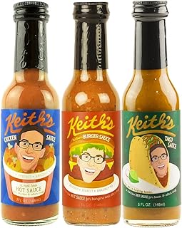Keith's Hot Sauce Trio by Heatonist: Chicken, Burger & Taco, Made with Natural Ingredients, Combination of Spice & Tangy Mild Flavors For Any Meal, 5 fl oz Bottles (3-Pack)