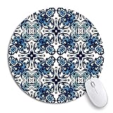 Runde Mauspad Blaues Muster Damast Klassische Medaillon Blumen Blume Tribal Abstrakt Rutschfeste Gummiunterseite Mausmatte Gaming Mousepad für Computer