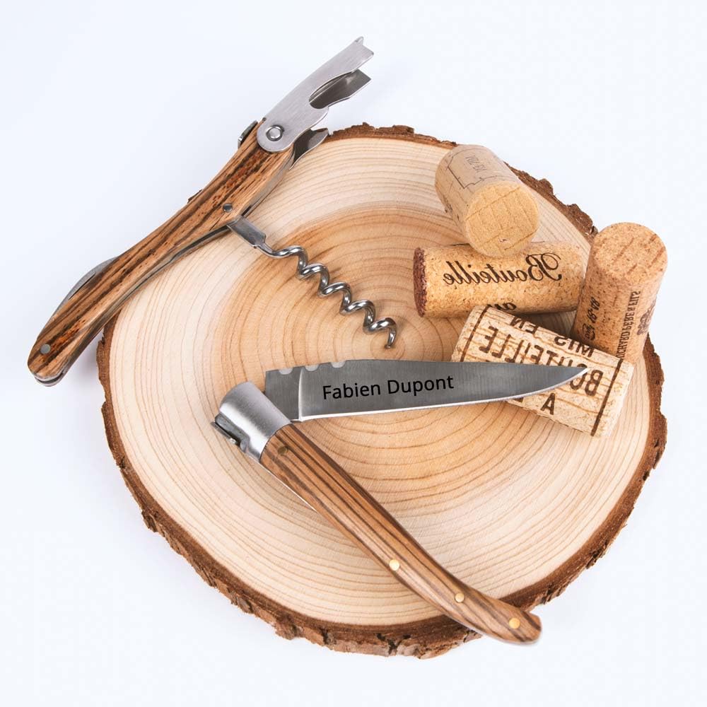 Coffret couteaux personnalisés gravés – Couteau de poche et sommelier en bois et métal – Coffret cadeau 2 pièces personnalisables
