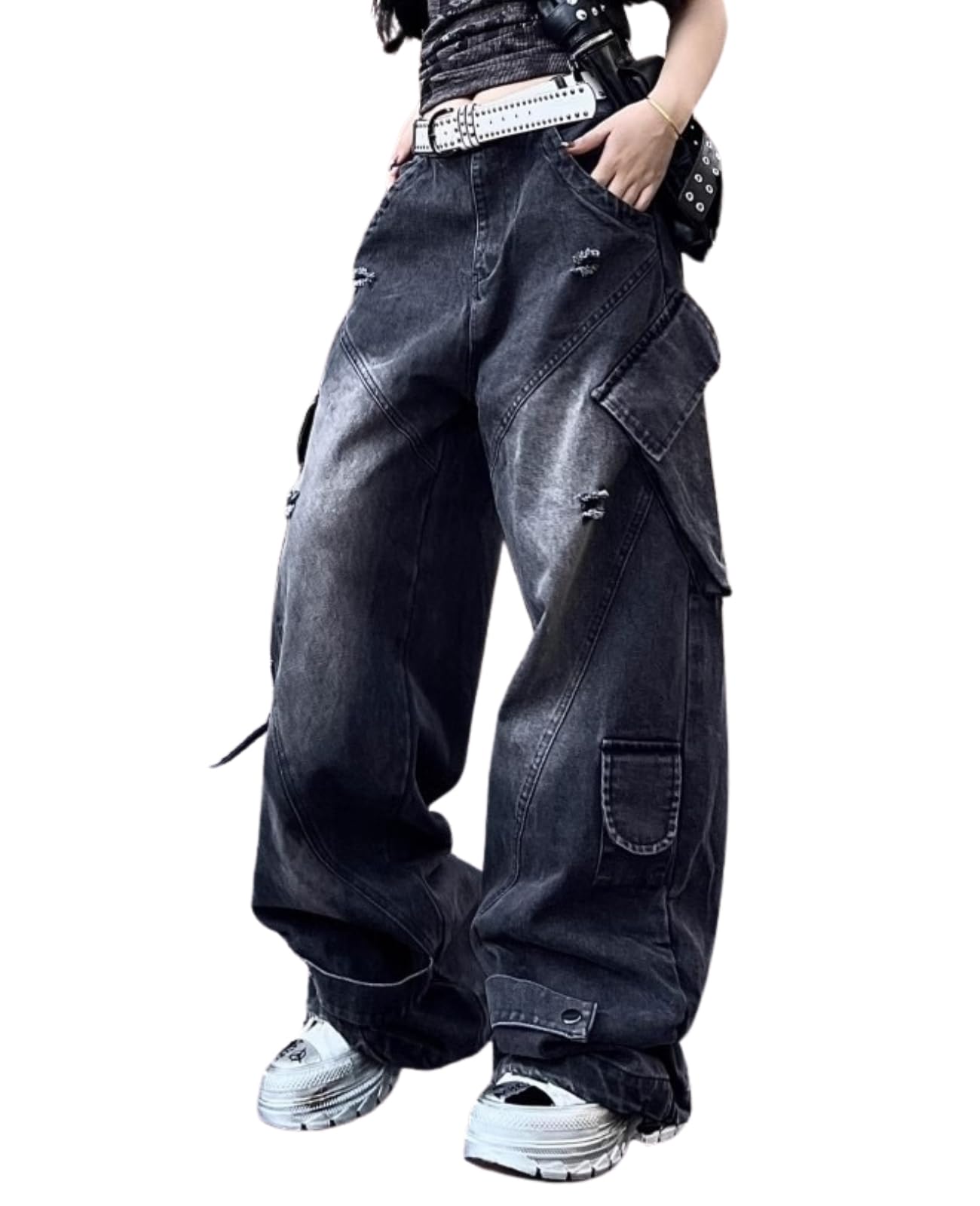 Hugboom Baggy Cargo Pants for Women Girls Wide Leg Jeans Y2k Hip Hop Streetwear Low Rise Oversized Jeans Grunge Clothes Blue, Black4, XS