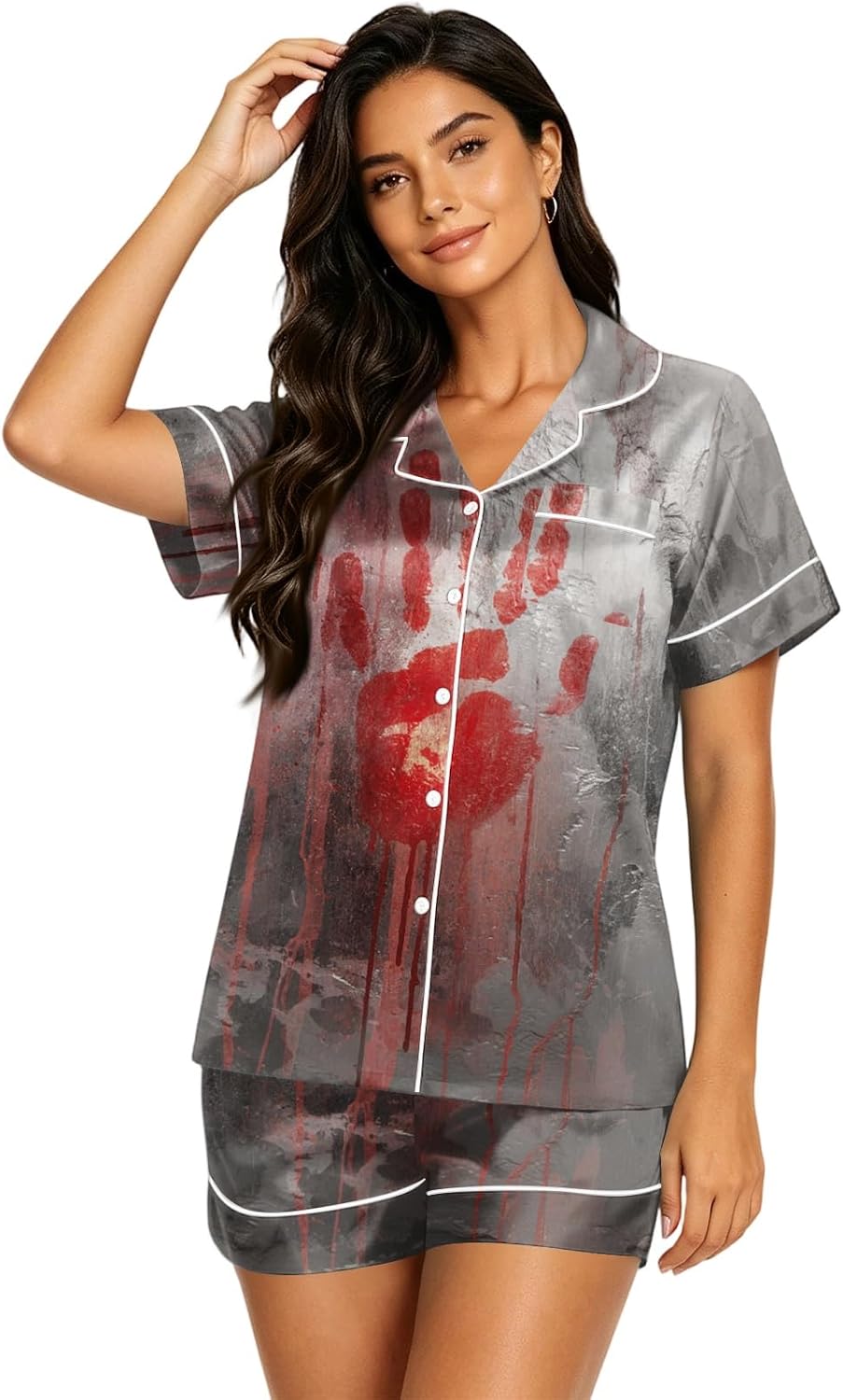 Women Short Sleeve Halloween Pajama Set button Sleepwear Lightweight Summer Outfits Ghost Bat Spider Pumpkin Skeleton