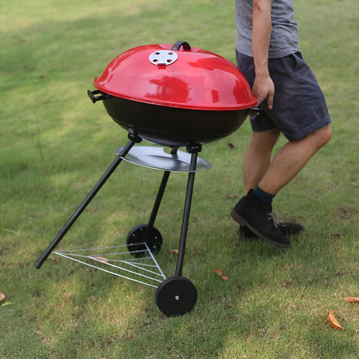 Warmounts 17inch Outdoor Kettle Charcoal Grill with Wheels, Portable Trolley BBQ Grill, Steel Spherical Food Cooking Grill Red : Patio, Lawn & Garden