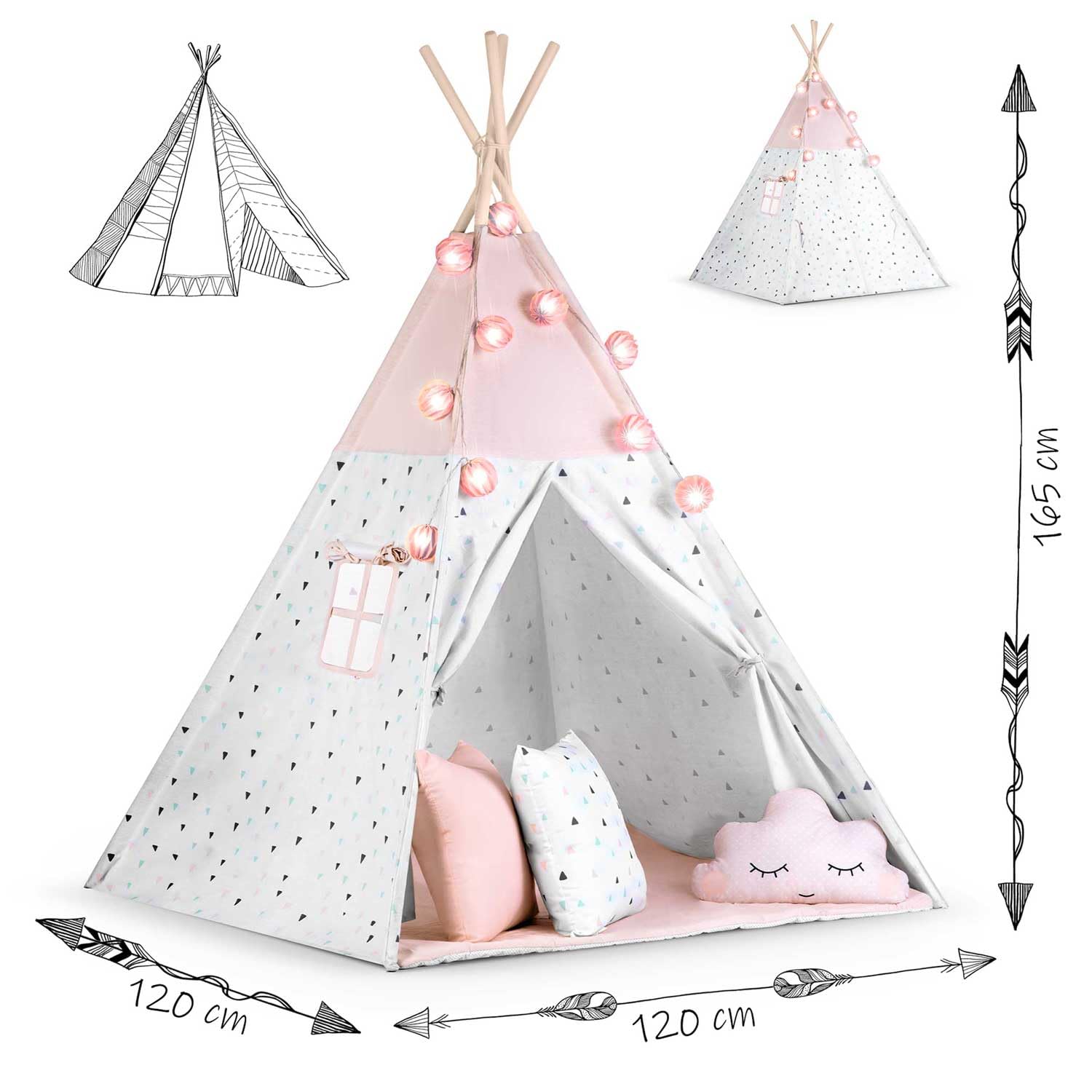 NUKIDO Ricokids NUKIDO Montessori Style Teepee for Children, Cotton and Wooden Frame with Insulation Mat, 3 Cushions, Airy Garland, 120 x 120 x 165 cm, Pink Toys