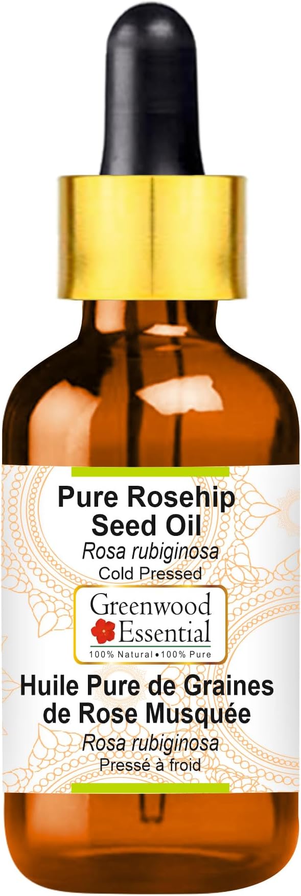 Greenwood Essential Pure Rosehip Seed Oil (Rosa rubiginosa) with Glass Dropper Cold Pressed 5ml (0.16 oz)