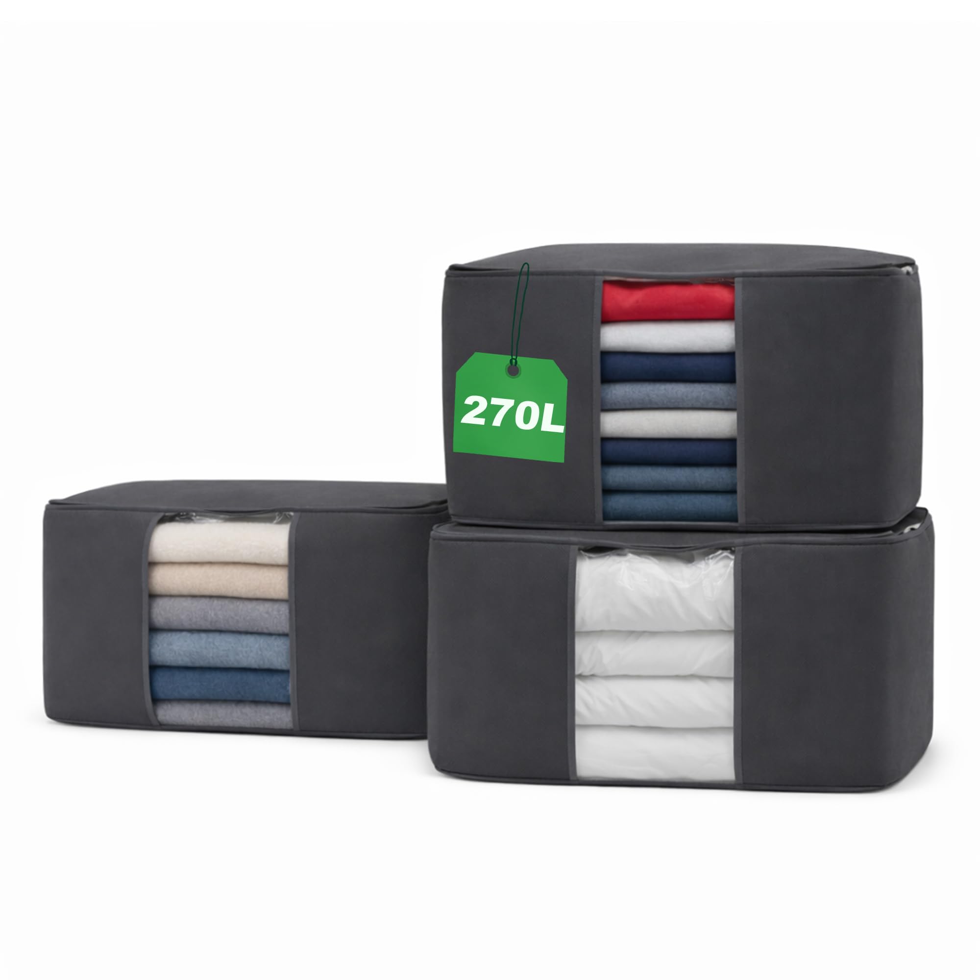 Libbi Lou Set of 3 Underbed Storage Boxes – 90L Foldable Clothes Organiser with Handles & Clear Window – Breathable Fabric Storage Box for Bedding, Duvets, Clothing & More – 60x43x35cm