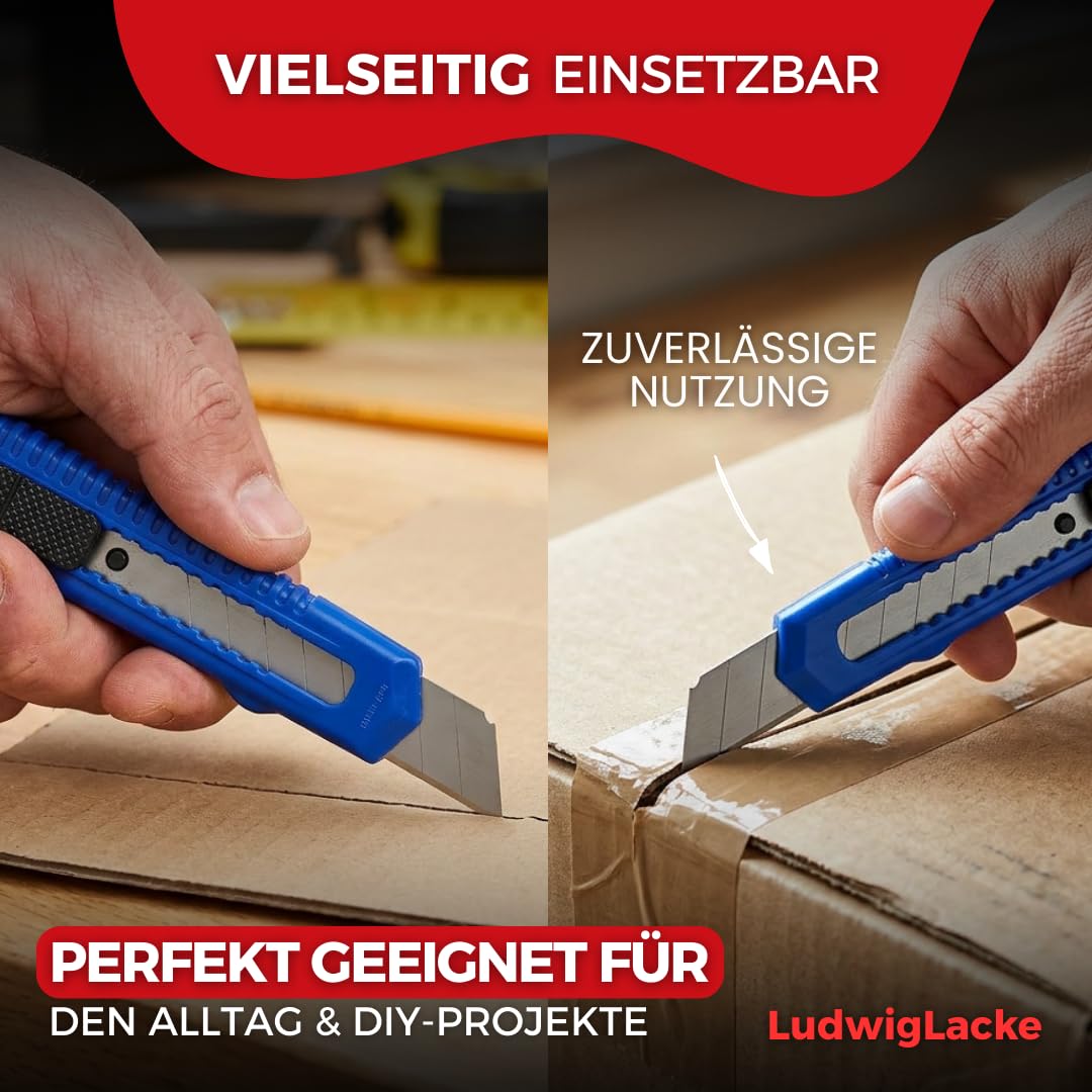 Ludwig Lacke® Cuttermesser Set [100 Stück 18 mm] – Teppichmesser [stabile Klinge 0,5 mm] – Cutter [ergonomisch rutschfest] mit Klingenvorschub Abbrechklinge Profi Messer