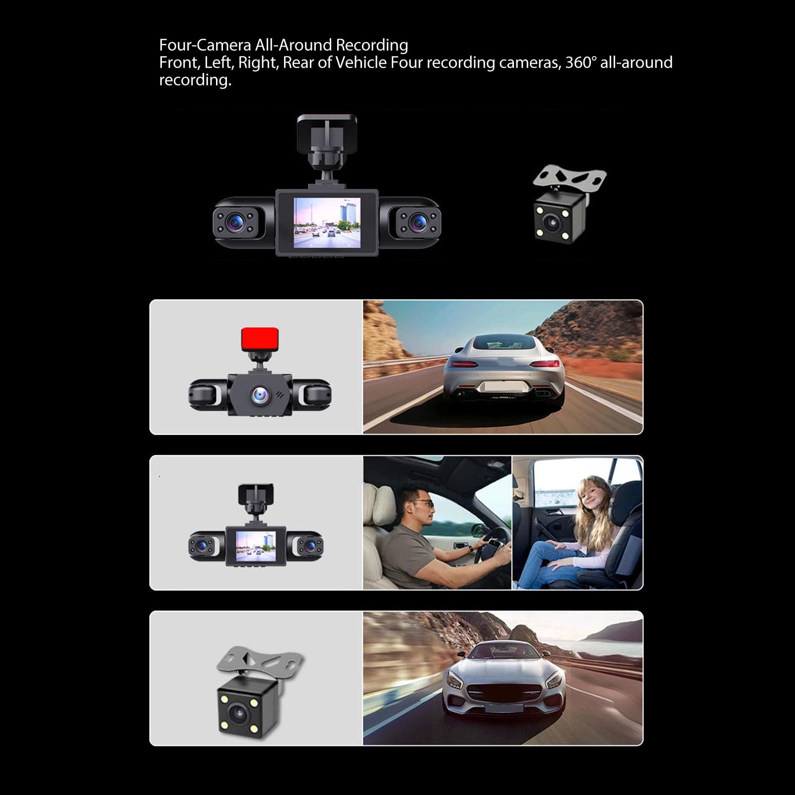 Dash Cam 4K a 4 Canali, Registrazione Frontale Posteriore 1080p, Visione Grandangolare a 360°, Registrazione in Loop, Protezione Continua, per Camion SUV (64GB)