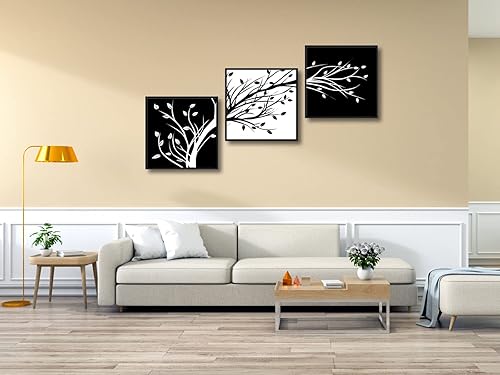 Miniatura 8 de Wieco Art Hojas modernas de 3 paneles de flores ilustraciones de Giclée impresiones en lienzo abstractas en blanco y negro árboles florales pinturas