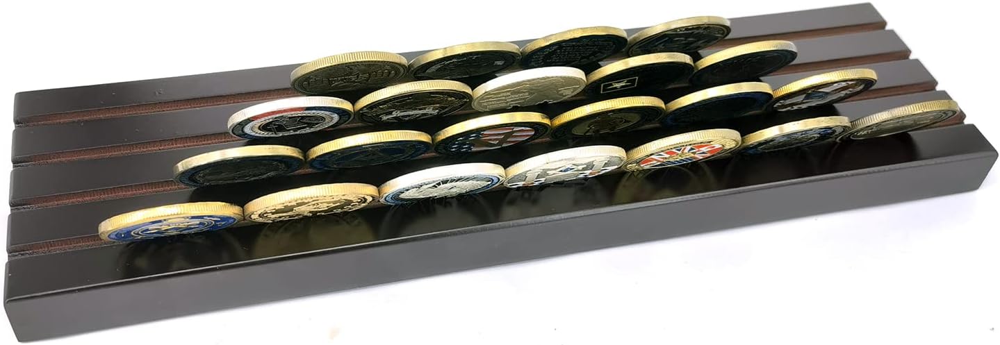 Aomcisi 4 Row Wooden Military Challenge Coin Display Stand - Holds 12-16 Coins, 6.1 X 3.54 X 0.9 Inches