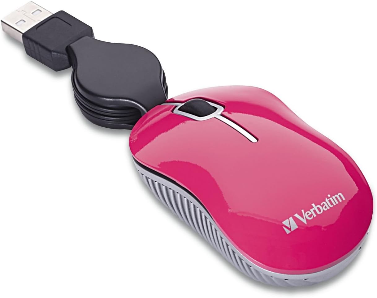 Verbatim Wired Optical Computer Mini USB-A Mouse - Plug & Play Corded Small Travel Mouse with Retractable Cable – Pink 98618