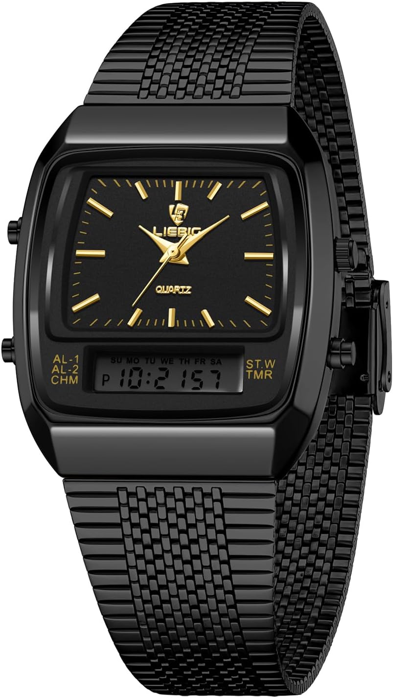 FANMIS Men's Watches Multifunction Square Dual Display Sport Watch for Men Waterproof Stainless Steel Chronograph Fashion Wristwatch, Retro Gold Mesh Band