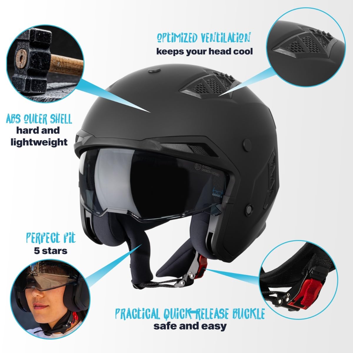 VINZ Shuto kask typu jet / Streetfighter | dopuszczony do użytku przez ECE 22.06 | kask na skuter z wizjerem przeciwsłonecznym/osłoną przeciwsłoneczną