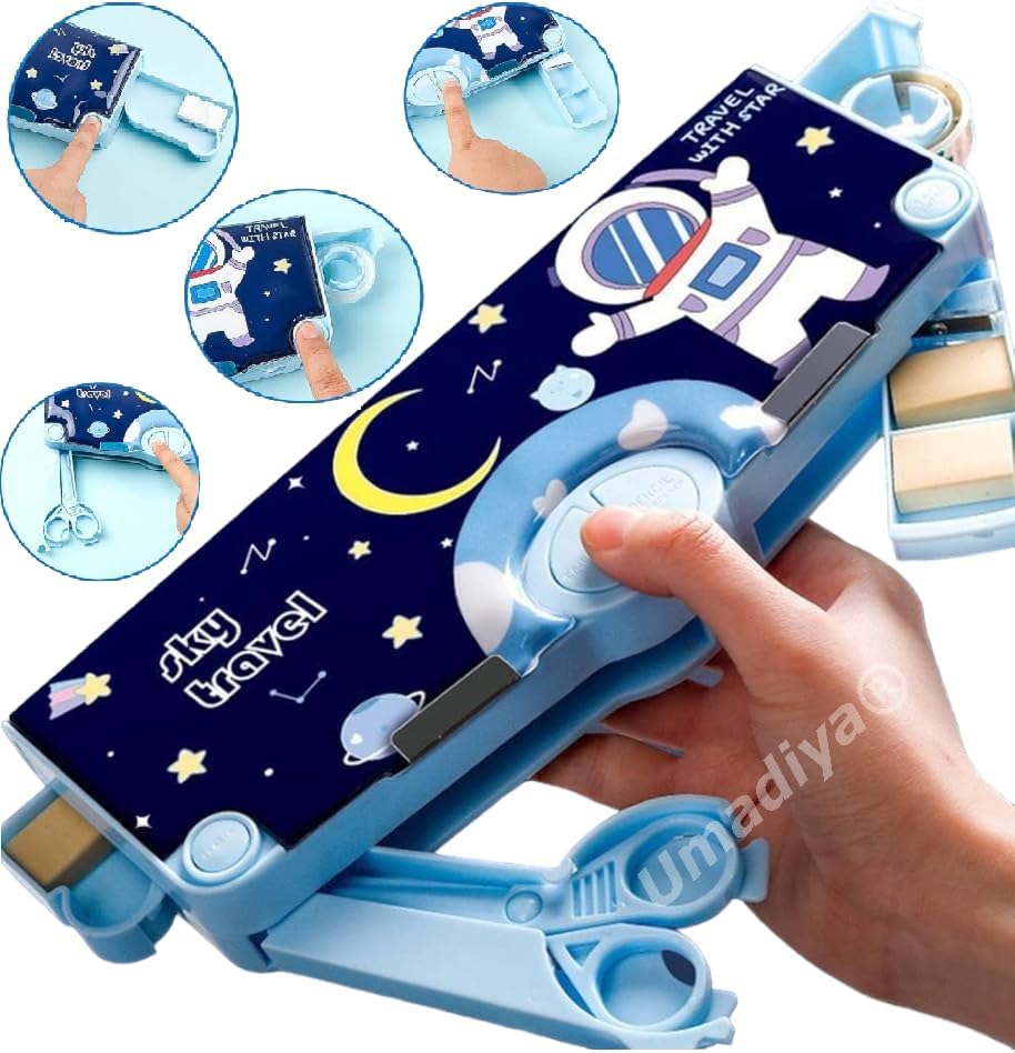 Image of Sanghariyat Plastic Branded Multi-Functional Pencil Box for Kids, Space Pencil Box for Boys & Girls, Magnetic Pencil Box for Boys, Space Theme Gifts for Kids with Accessories. (Navy Blue Astronaut)