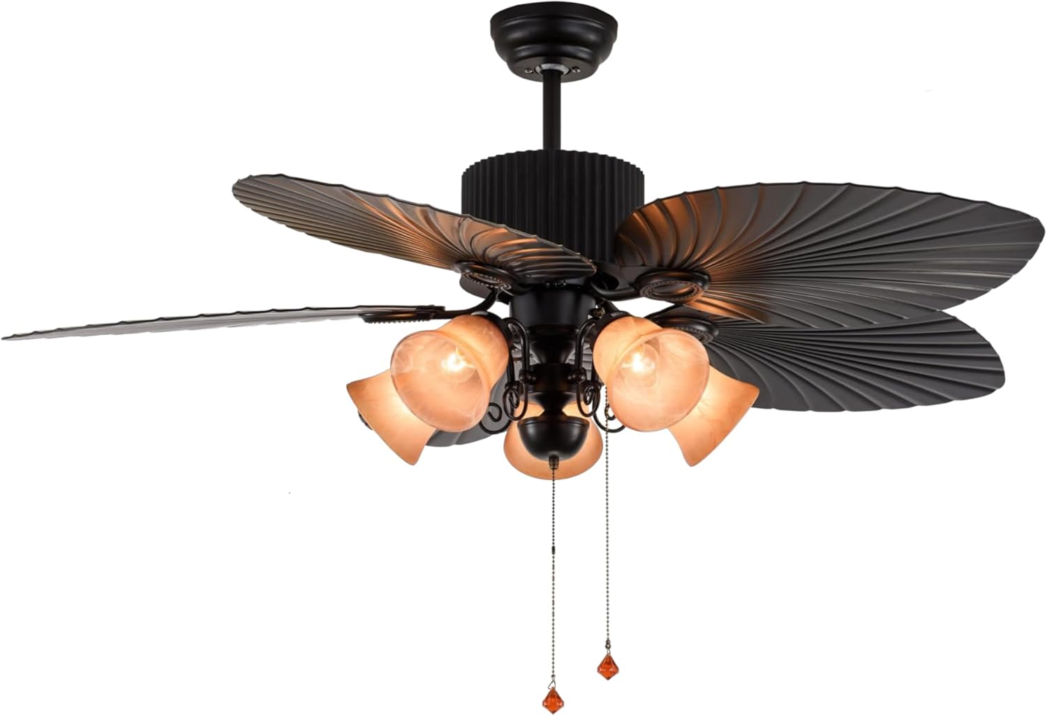 52-Inch Ceiling Fan with Light Kit, Black Palm Leaf Design, 5-Blade, E27 5-Light, Pull Cord Control, Southeast Asian Style