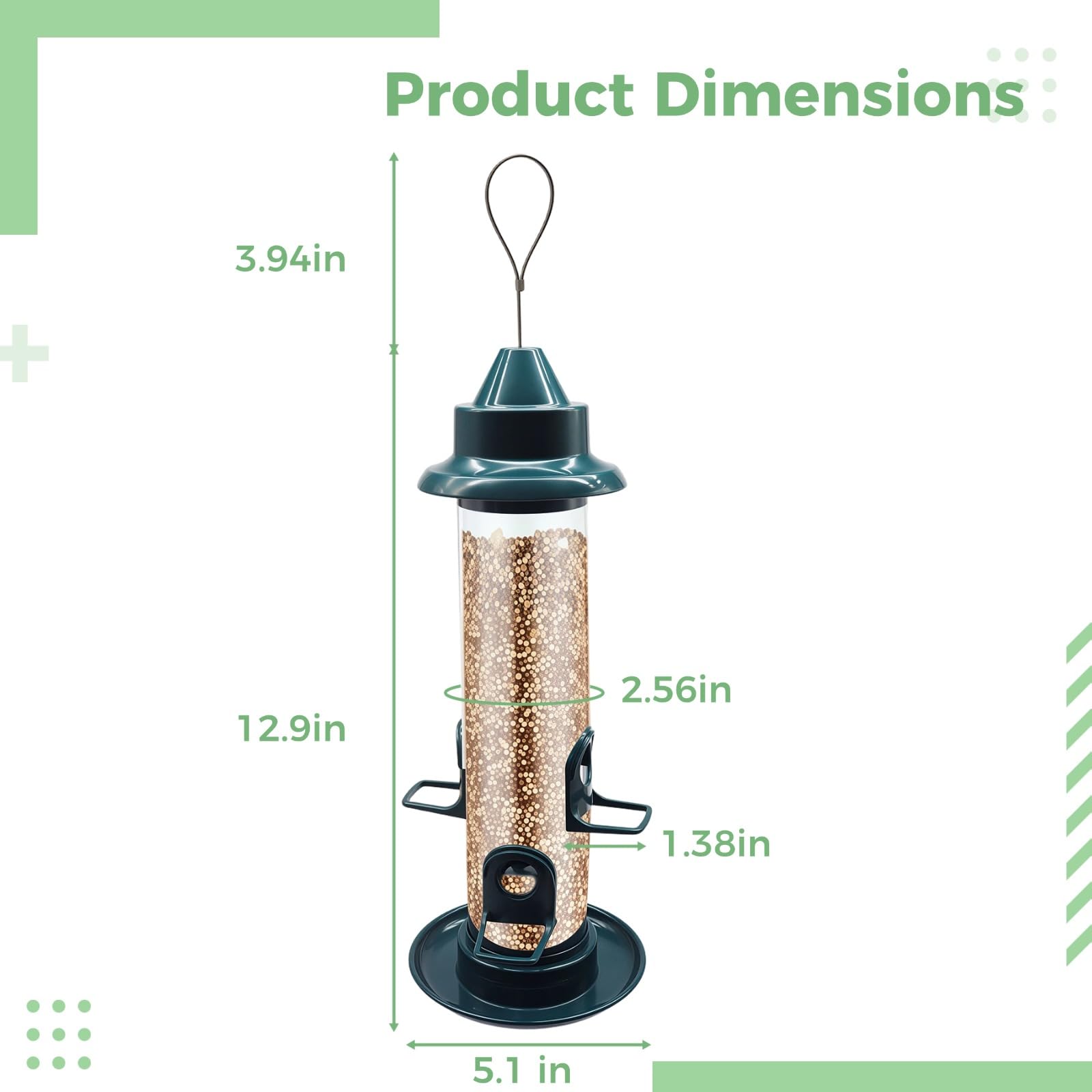 Dozownik karmy dla ptaków do zawieszenia, 33 x 13 cm, ciemnozielony cylinder dla dzikich ptaków, łatwy do napełnienia, z wieloma otworami na karmę, wykonany z tworzywa sztucznego
