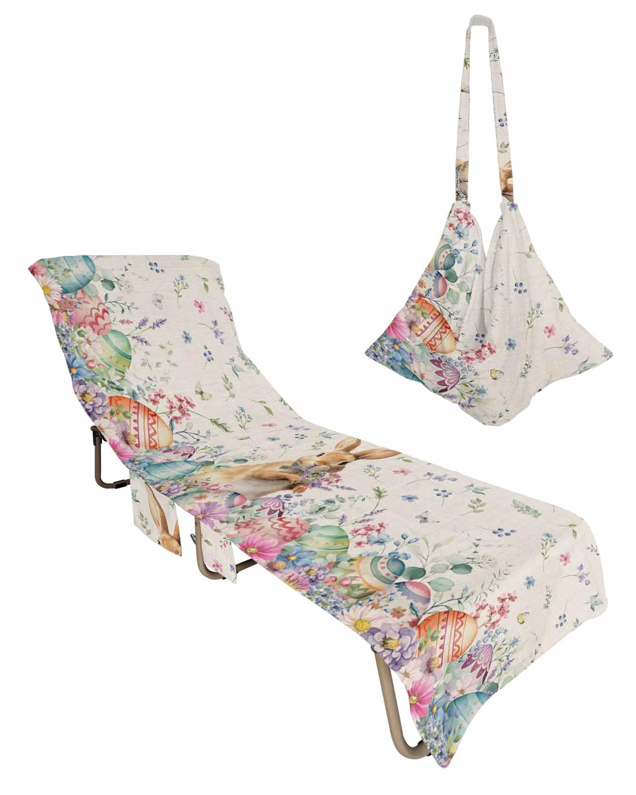 Easter Bunny Beach Lounge Chair Towel Cover, Soft Chaise Lounge Towel with Side Pockets Patio Pool Chairs Cover for Beach/Pool Sunbathing 29x85 Spring Floral Botanical Colorful Eggs Rustic