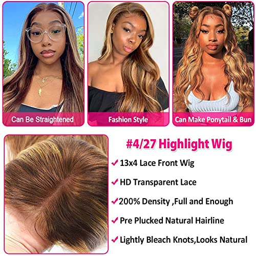 Highlight Lace Front Wig Human Hair Transparent 13x4 Lace Frontal Wigs Body Wave Colored Ombre P4/27 Glueless Wig for Black Women 200% Density Pre Plucked 24 Inch - Image 2