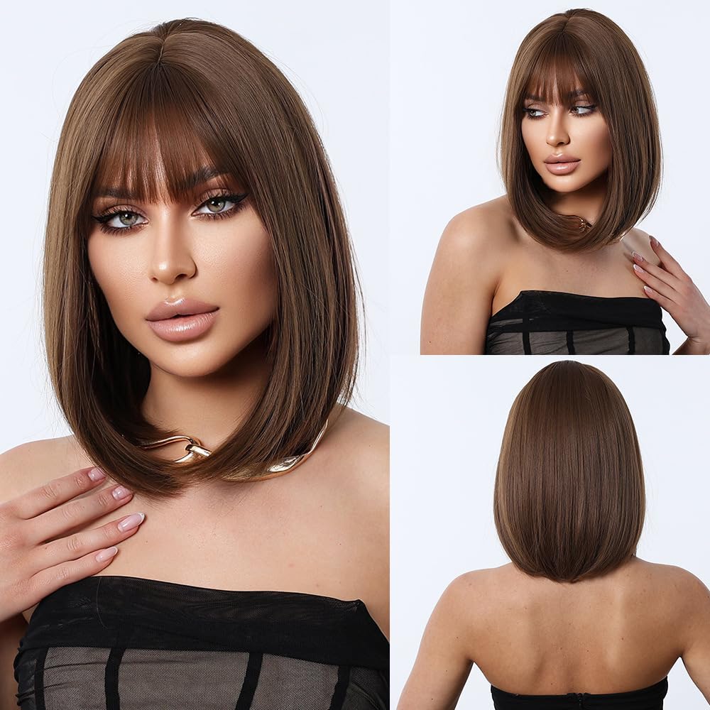Photo 1 of ***RUNS BIG*** Trail Midst 14 Inch Straight Bob Wig with Bangs, Natural Brown