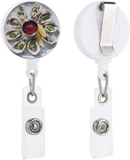 White Ceramic Plate Filled with Fresh Oysters Retractable Badge Holder Reel Clip ID Card Holder for Doctor Nurse Student Office Worker