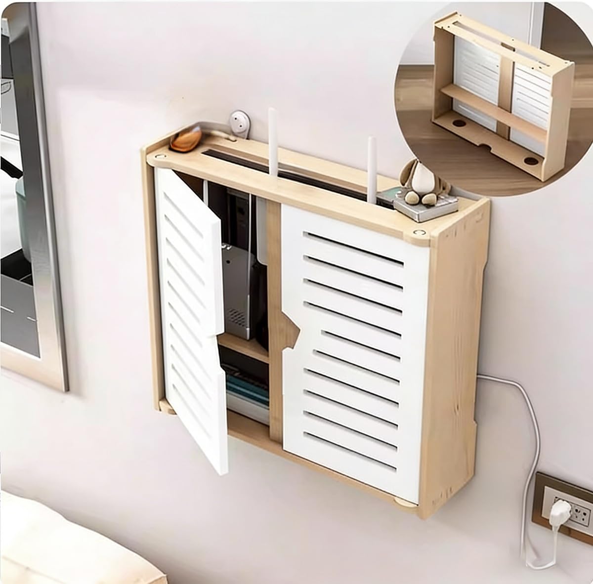 Organisateur de routeur Mural，Support WiFi en Bois avec Dissipation Thermique, Gestion de câbles et sans perçage pour Modem, décodeur TV, Salon(42x38CM16.5x15in)