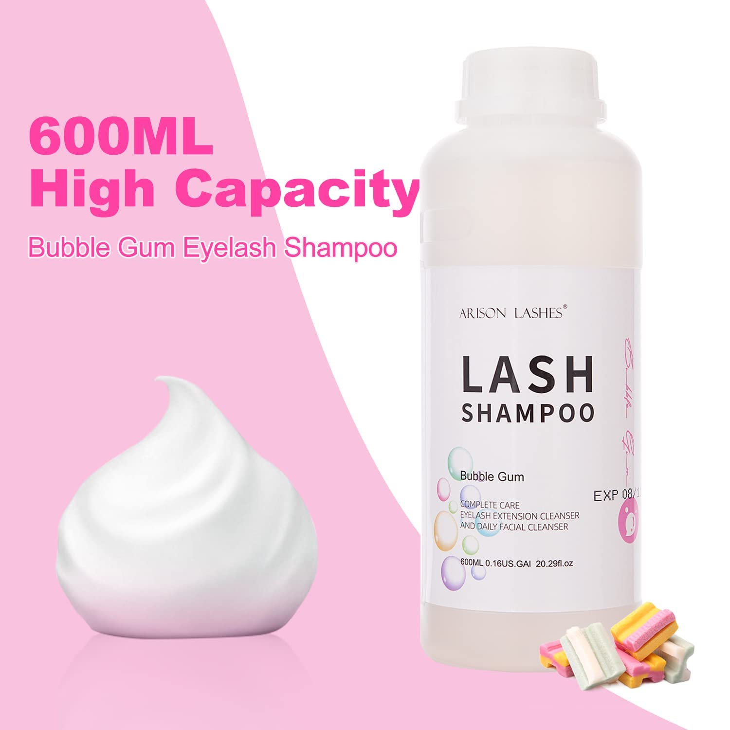 Shampoing Cils Mousse 600ml Mousse pour paupières/nettoyant pour la Maison et le Salon, Lash Shampoo Eyelash Extension Cleanser(Bubble Gum)